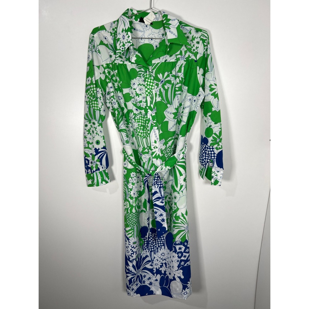 Vintage Psychedelic Print Green Blue Floral Shirt Dress Retro Mod Size 18